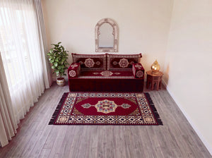 Marineblaues arabisches Sofa mit Ottomane und Teppich, Bodensitzkissen, Arabisches Jalsa-Set, Ecksofa, Arabische Sofagarnitur, Marokkanisches Sofa