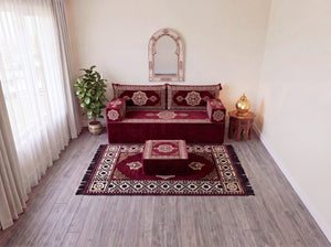Marineblaues arabisches Sofa mit Ottomane und Teppich, Bodensitzkissen, Arabisches Jalsa-Set, Ecksofa, Arabische Sofagarnitur, Marokkanisches Sofa