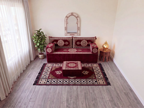 Marineblaues arabisches Sofa mit Ottomane und Teppich, Bodensitzkissen, Arabisches Jalsa-Set, Ecksofa, Arabische Sofagarnitur, Marokkanisches Sofa