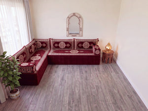 Maroon Moon Serenade: L Shaped Floor Sofa Set – Sectional Floor Sofa L Shape – Traditional Arabic Majlis – Floor Pouf Cushion