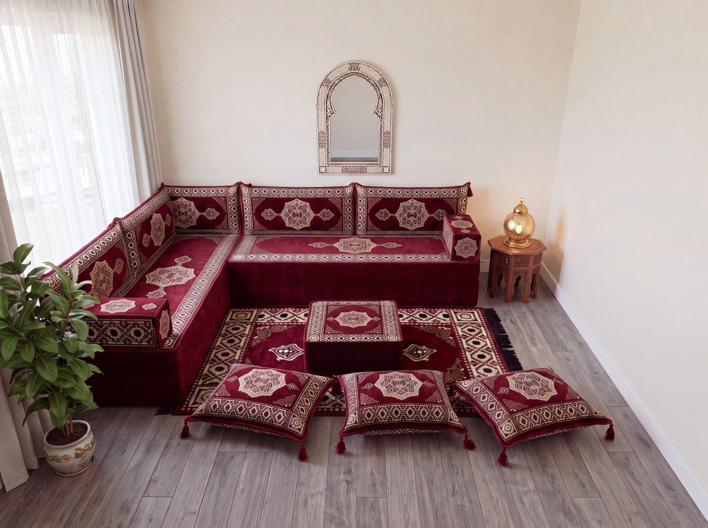 Maroon Moon Serenade: L Shaped Floor Sofa Set – Sectional Floor Sofa L Shape – Traditional Arabic Majlis – Floor Pouf Cushion