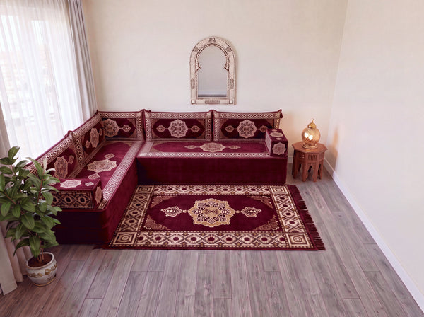 Maroon Moon Serenade: L Shaped Floor Sofa Set – Sectional Floor Sofa L Shape – Traditional Arabic Majlis – Floor Pouf Cushion