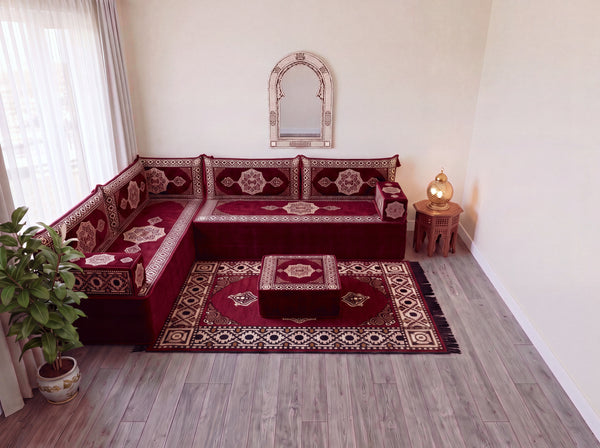 Maroon Moon Serenade: L Shaped Floor Sofa Set – Sectional Floor Sofa L Shape – Traditional Arabic Majlis – Floor Pouf Cushion