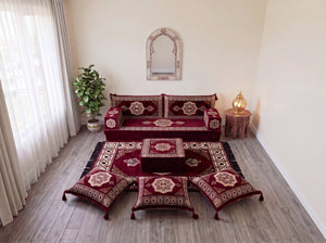 Marineblaues arabisches Sofa mit Ottomane und Teppich, Bodensitzkissen, Arabisches Jalsa-Set, Ecksofa, Arabische Sofagarnitur, Marokkanisches Sofa