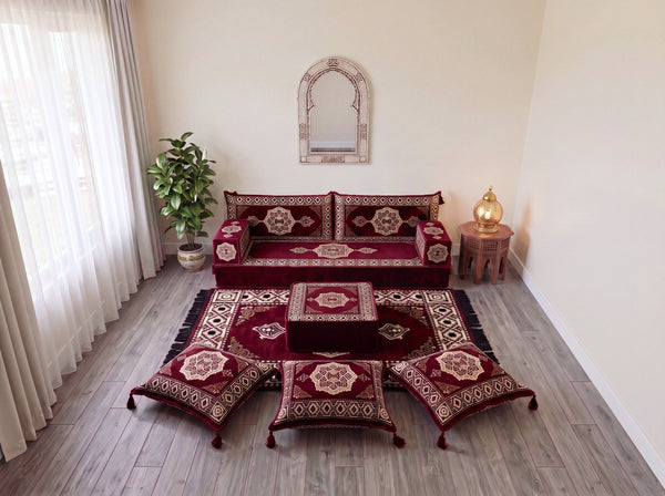 Marineblaues arabisches Sofa mit Ottomane und Teppich, Bodensitzkissen, Arabisches Jalsa-Set, Ecksofa, Arabische Sofagarnitur, Marokkanisches Sofa