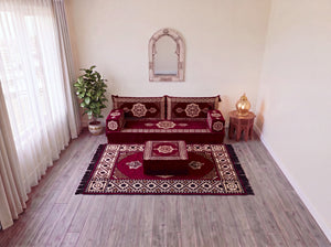 Marineblaues arabisches Sofa mit Ottomane und Teppich, Bodensitzkissen, Arabisches Jalsa-Set, Ecksofa, Arabische Sofagarnitur, Marokkanisches Sofa