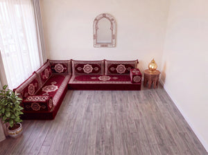 Maroon Moon Serenade: L Shaped Floor Sofa Set – Sectional Floor Sofa L Shape – Traditional Arabic Majlis – Floor Pouf Cushion