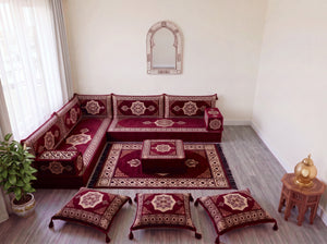 Maroon Moon Serenade: L Shaped Floor Sofa Set – Sectional Floor Sofa L Shape – Traditional Arabic Majlis – Floor Pouf Cushion