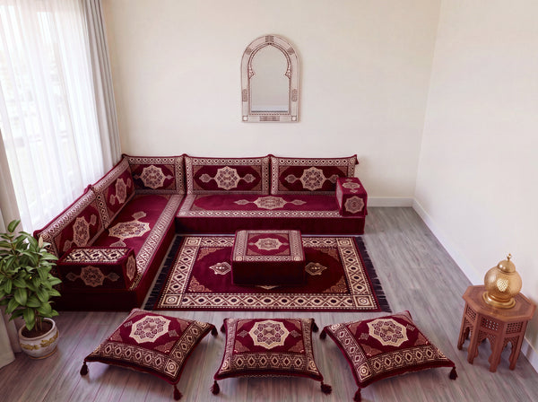 Maroon Moon Serenade: L Shaped Floor Sofa Set – Sectional Floor Sofa L Shape – Traditional Arabic Majlis – Floor Pouf Cushion