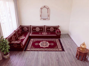 Maroon Moon Serenade: L Shaped Floor Sofa Set – Sectional Floor Sofa L Shape – Traditional Arabic Majlis – Floor Pouf Cushion