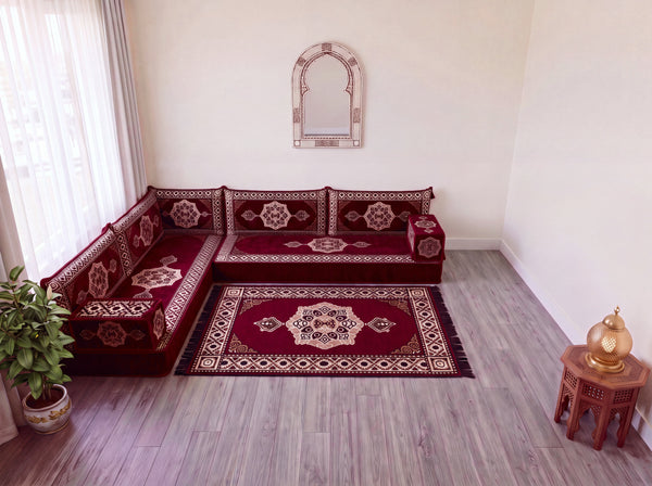 Maroon Moon Serenade: L Shaped Floor Sofa Set – Sectional Floor Sofa L Shape – Traditional Arabic Majlis – Floor Pouf Cushion