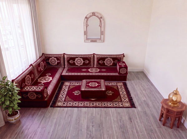 Maroon Moon Serenade: L Shaped Floor Sofa Set – Sectional Floor Sofa L Shape – Traditional Arabic Majlis – Floor Pouf Cushion