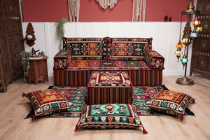 Single Maroon Turkish Sofa, Living Room Sofa with Ottoman Couch and Rug, Floor Sofa Set, Moroccan Floor Sofa, Sectional Sofa