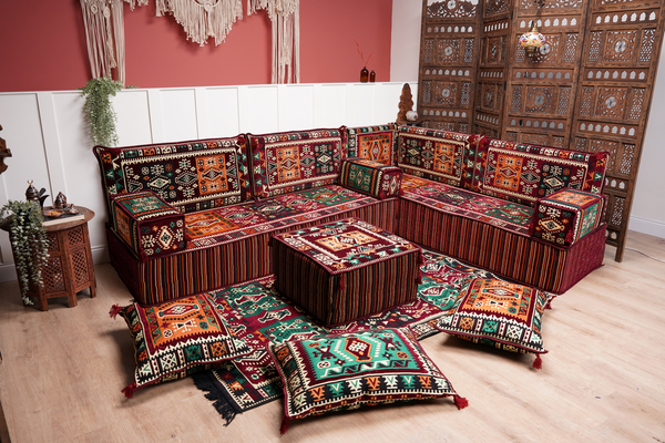 Maroon Arabic Floor Couch, L Shaped Sofa Set, Traditional Living Room Sofa, Sectional Sofa, Arabic Jalsa, Ottoman Floor Seating, Moroccan Cushion