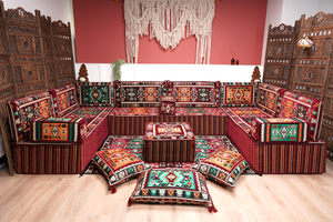 Premium U Shaped Arabic Sofa Set, Maroon Floor Cushions, Arabic Seating Floor Sofa, Backrests, Moroccan Sofas