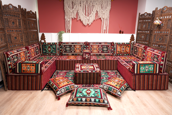 Premium U Shaped Arabic Sofa Set, Maroon Floor Cushions, Arabic Seating Floor Sofa, Backrests, Moroccan Sofas