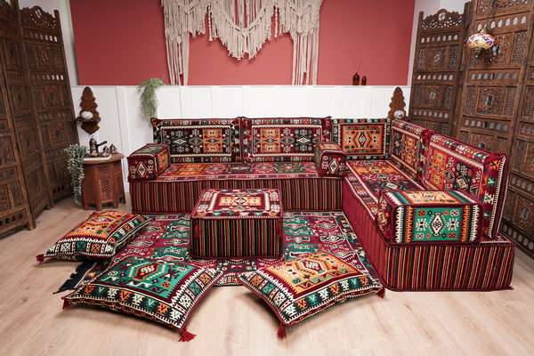 Maroon Arabic Floor Couch, L Shaped Sofa Set, Traditional Living Room Sofa, Sectional Sofa, Arabic Jalsa, Ottoman Floor Seating, Moroccan Cushion