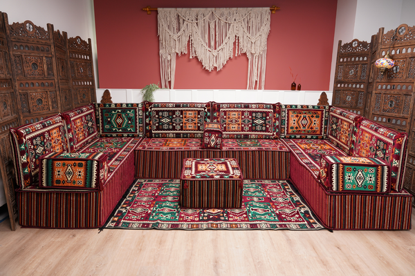 U Shaped Maroon Floor Cushions, Turkish Sofa, Modern Arabic Majlis Sofa, Floor Sofa Set, Ethnic Sofa, Arabic Jalsa, Moroccan Sofa