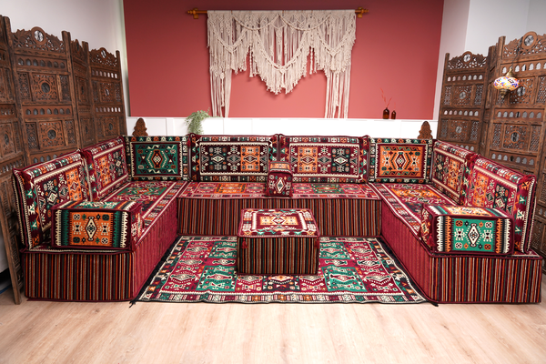 Premium U Shaped Arabic Sofa Set, Maroon Floor Cushions, Arabic Seating Floor Sofa, Backrests, Moroccan Sofas