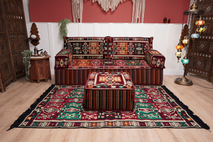 Single Maroon Turkish Sofa, Living Room Sofa with Ottoman Couch and Rug, Floor Sofa Set, Moroccan Floor Sofa, Sectional Sofa