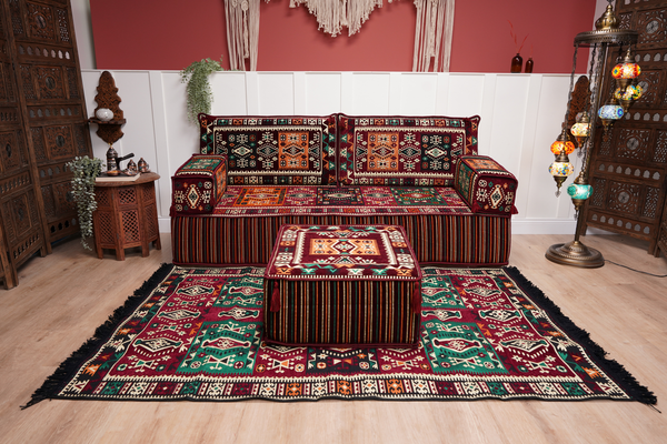 Single Maroon Turkish Sofa, Living Room Sofa with Ottoman Couch and Rug, Floor Sofa Set, Moroccan Floor Sofa, Sectional Sofa