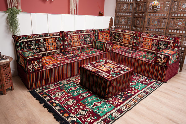 Maroon Arabic Floor Couch, L Shaped Sofa Set, Traditional Living Room Sofa, Sectional Sofa, Arabic Jalsa, Ottoman Floor Seating, Moroccan Cushion