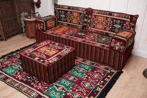 Single Maroon Turkish Sofa, Living Room Sofa with Ottoman Couch and Rug, Floor Sofa Set, Moroccan Floor Sofa, Sectional Sofa