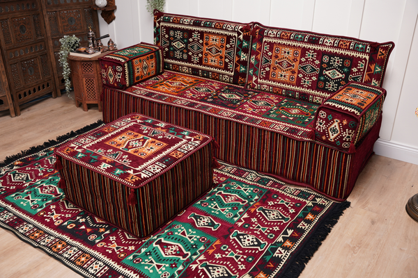 Single Maroon Turkish Sofa, Living Room Sofa with Ottoman Couch and Rug, Floor Sofa Set, Moroccan Floor Sofa, Sectional Sofa