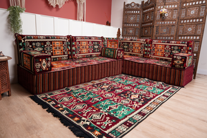 Maroon Arabic Floor Couch, L Shaped Sofa Set, Traditional Living Room Sofa, Sectional Sofa, Arabic Jalsa, Ottoman Floor Seating, Moroccan Cushion