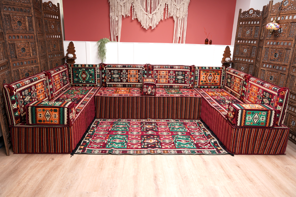 Premium U Shaped Arabic Sofa Set, Maroon Floor Cushions, Arabic Seating Floor Sofa, Backrests, Moroccan Sofas