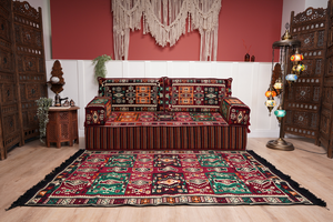 Single Maroon Turkish Sofa, Living Room Sofa with Ottoman Couch and Rug, Floor Sofa Set, Moroccan Floor Sofa, Sectional Sofa