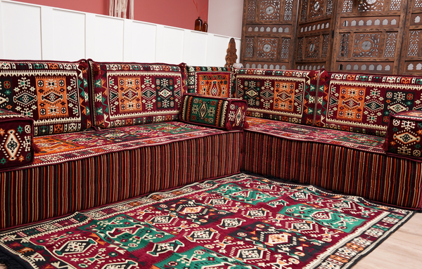 Maroon Arabic Floor Couch, L Shaped Sofa Set, Traditional Living Room Sofa, Sectional Sofa, Arabic Jalsa, Ottoman Floor Seating, Moroccan Cushion