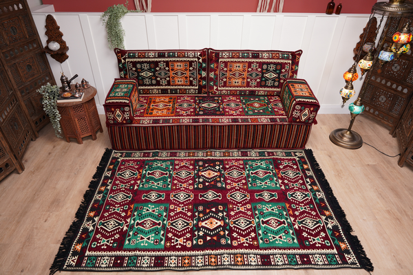 Single Maroon Turkish Sofa, Living Room Sofa with Ottoman Couch and Rug, Floor Sofa Set, Moroccan Floor Sofa, Sectional Sofa