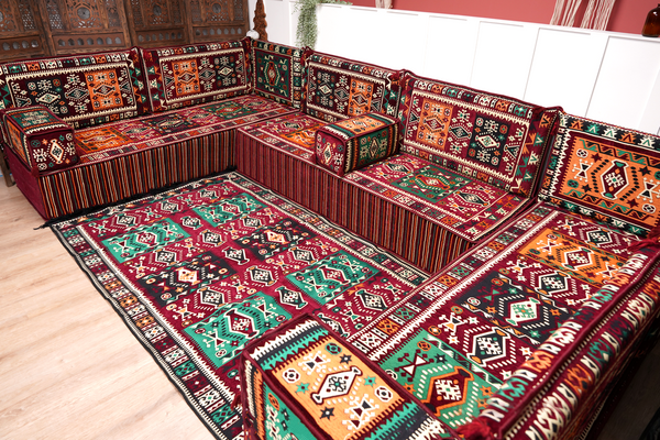 Premium U Shaped Arabic Sofa Set, Maroon Floor Cushions, Arabic Seating Floor Sofa, Backrests, Moroccan Sofas