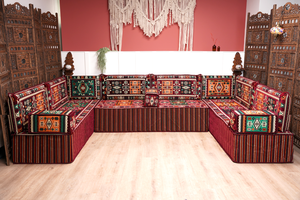 Premium U Shaped Arabic Sofa Set, Maroon Floor Cushions, Arabic Seating Floor Sofa, Backrests, Moroccan Sofas