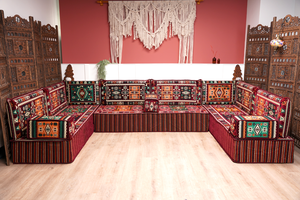 Premium U Shaped Arabic Sofa Set, Maroon Floor Cushions, Arabic Seating Floor Sofa, Backrests, Moroccan Sofas