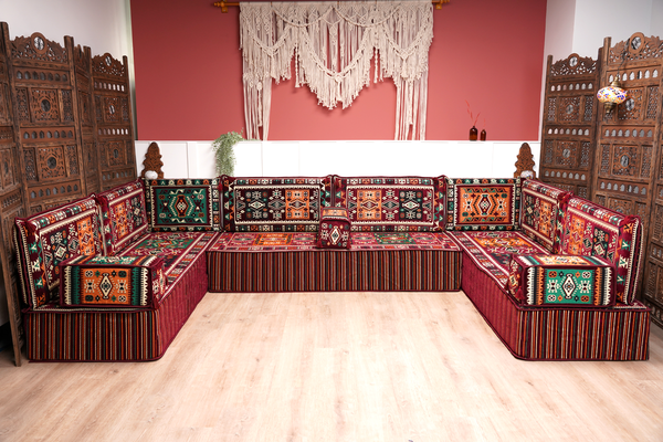 Premium U Shaped Arabic Sofa Set, Maroon Floor Cushions, Arabic Seating Floor Sofa, Backrests, Moroccan Sofas