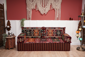 Single Maroon Turkish Sofa, Living Room Sofa with Ottoman Couch and Rug, Floor Sofa Set, Moroccan Floor Sofa, Sectional Sofa