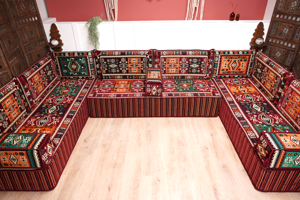 Premium U Shaped Arabic Sofa Set, Maroon Floor Cushions, Arabic Seating Floor Sofa, Backrests, Moroccan Sofas