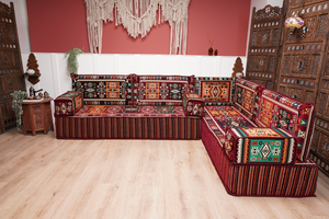 Maroon Arabic Floor Couch, L Shaped Sofa Set, Traditional Living Room Sofa, Sectional Sofa, Arabic Jalsa, Ottoman Floor Seating, Moroccan Cushion
