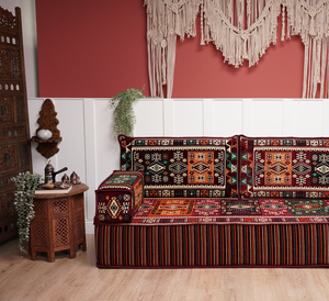 Single Maroon Turkish Sofa, Living Room Sofa with Ottoman Couch and Rug, Floor Sofa Set, Moroccan Floor Sofa, Sectional Sofa