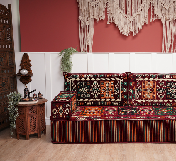 Single Maroon Turkish Sofa, Living Room Sofa with Ottoman Couch and Rug, Floor Sofa Set, Moroccan Floor Sofa, Sectional Sofa