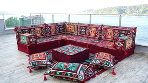 Maroon Milas Breeze: L Shaped Floor Sofa Set – Arabic Majlis Seating – Window Seat Cushion – Kilim Floor Sofa