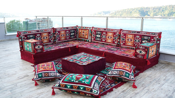 Maroon Milas Breeze: L Shaped Floor Sofa Set – Arabic Majlis Seating – Window Seat Cushion – Kilim Floor Sofa