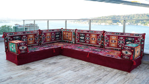 Maroon Milas Breeze: L Shaped Floor Sofa Set – Arabic Majlis Seating – Window Seat Cushion – Kilim Floor Sofa