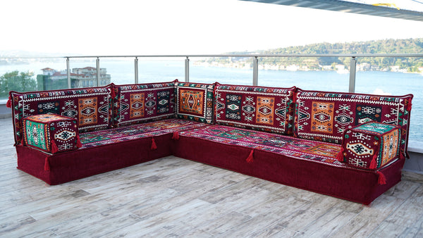 Maroon Milas Breeze: L Shaped Floor Sofa Set – Arabic Majlis Seating – Window Seat Cushion – Kilim Floor Sofa