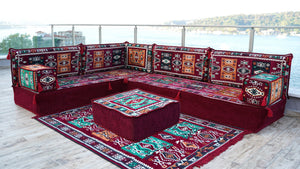Maroon Milas Breeze: L Shaped Floor Sofa Set – Arabic Majlis Seating – Window Seat Cushion – Kilim Floor Sofa