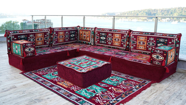 Maroon Milas Breeze: L Shaped Floor Sofa Set – Arabic Majlis Seating – Window Seat Cushion – Kilim Floor Sofa