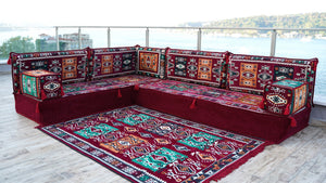 Maroon Milas Breeze: L Shaped Floor Sofa Set – Arabic Majlis Seating – Window Seat Cushion – Kilim Floor Sofa