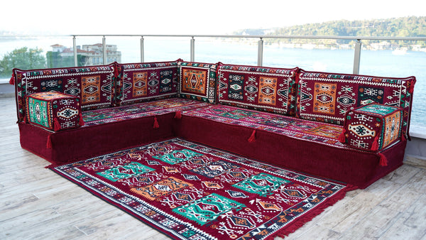Maroon Milas Breeze: L Shaped Floor Sofa Set – Arabic Majlis Seating – Window Seat Cushion – Kilim Floor Sofa